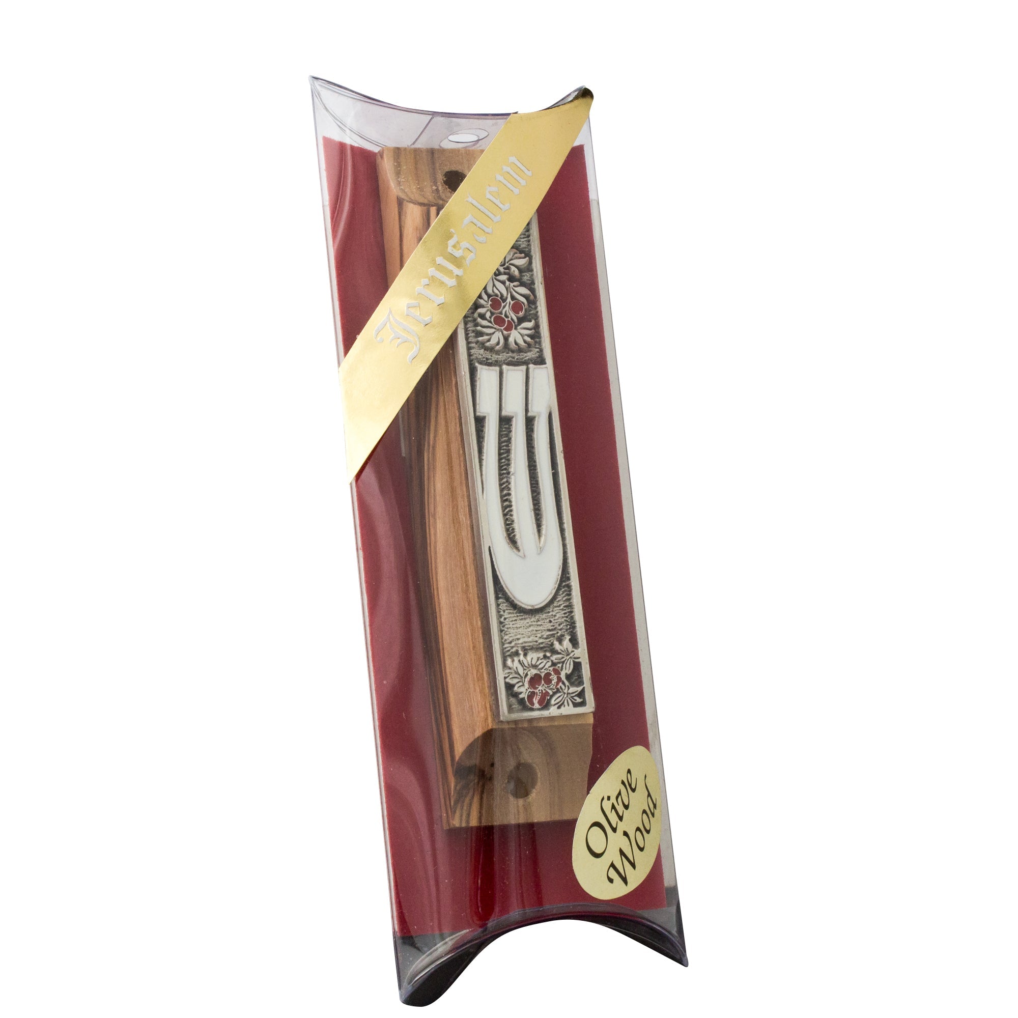 Olive Wood Enamel Mezuzah Case w/Pomegranate & SHIN Non-Kosher Scroll Shema Israel 3,8" Olive Wood Enamel Mezuzah Case w/Pomegranate & SHIN Non-Kosher Scroll Shema Israel 3,8"