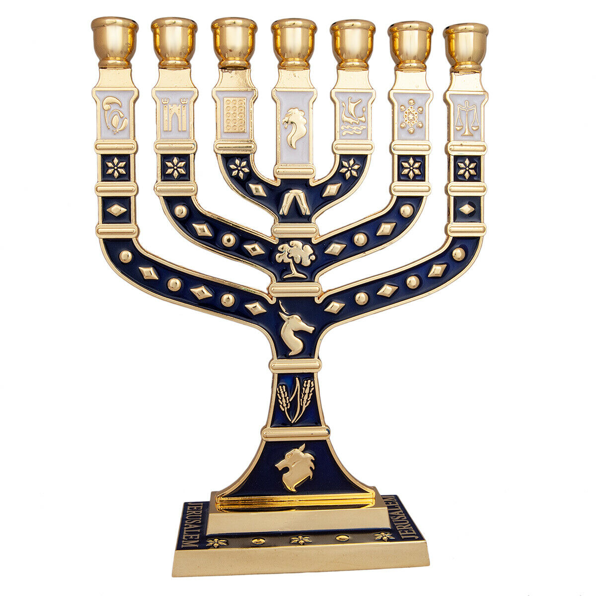 Menorah 7 Branches Gold-Blue Enamel Jewish Candle Holder Jerusalem Menorah 7 Branches Gold-Blue Enamel Jewish Candle Holder Jerusalem