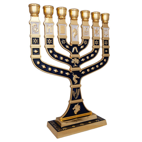 Menorah 7 Branches Gold-Blue Enamel Jewish Candle Holder Jerusalem Menorah 7 Branches Gold-Blue Enamel Jewish Candle Holder Jerusalem