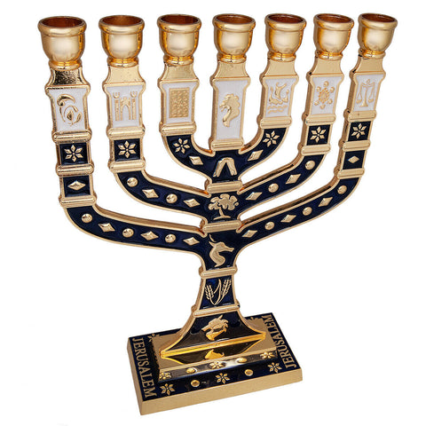 Menorah 7 Branches Gold-Blue Enamel Jewish Candle Holder Jerusalem Menorah 7 Branches Gold-Blue Enamel Jewish Candle Holder Jerusalem