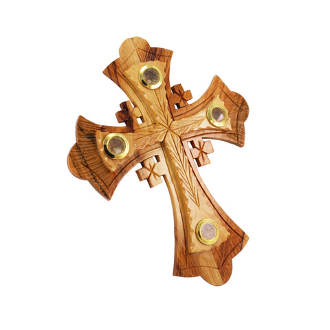 Olive Wood Hanging Wall Cross w/ 4 Relics Jerusalem Decor Christian Gift 21cm/8" Olive Wood Hanging Wall Cross w/ 4 Relics Jerusalem Decor Christian Gift 21cm/8"