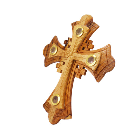 Olive Wood Hanging Wall Cross w/ 4 Relics Jerusalem Decor Christian Gift 21cm/8" Olive Wood Hanging Wall Cross w/ 4 Relics Jerusalem Decor Christian Gift 21cm/8"