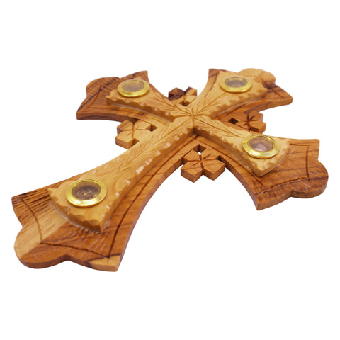 Olive Wood Hanging Wall Cross w/ 4 Relics Jerusalem Decor Christian Gift 21cm/8" Olive Wood Hanging Wall Cross w/ 4 Relics Jerusalem Decor Christian Gift 21cm/8"