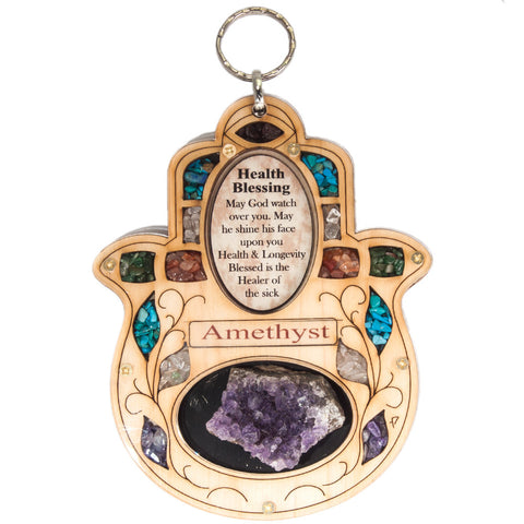 Hamsa Wall Hanging with Amethyst & Health Blessing – Gemstone Decor 5"/14cm Hamsa Wall Hanging with Amethyst & Health Blessing – Gemstone Decor 5"/14cm