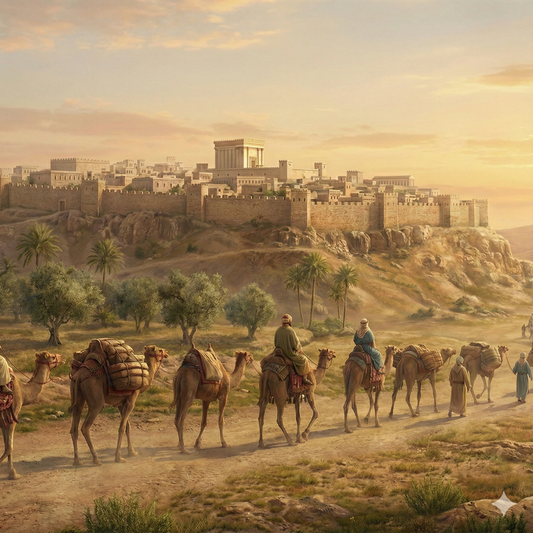 Biblical camel caravan traveling towards ancient Jerusalem on a hill, representing a Holy Land pilgrimage