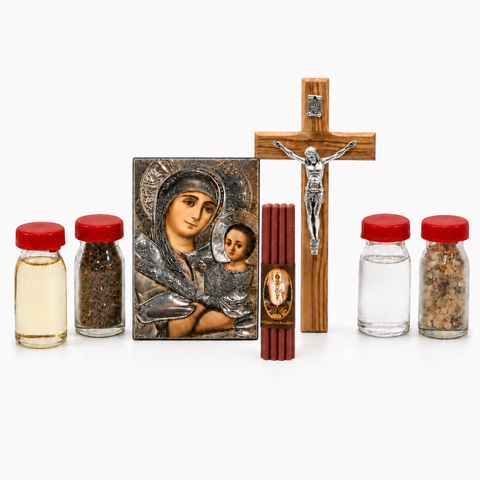 Holy Land Home Blessing Set with Virgin Mary Icon, Crucifix, Water, Soil & Incense