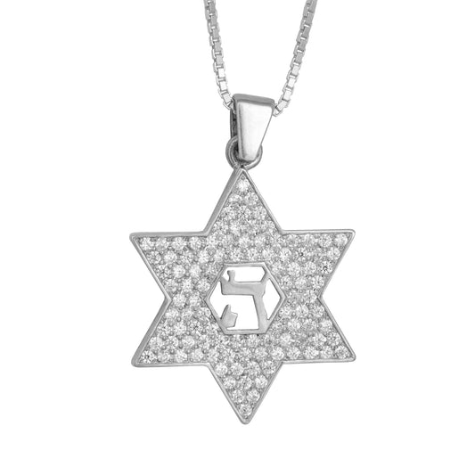 Pendant Magen Star of David w/ CHAI HAI חי Sterling Silver & White Crystal CZ