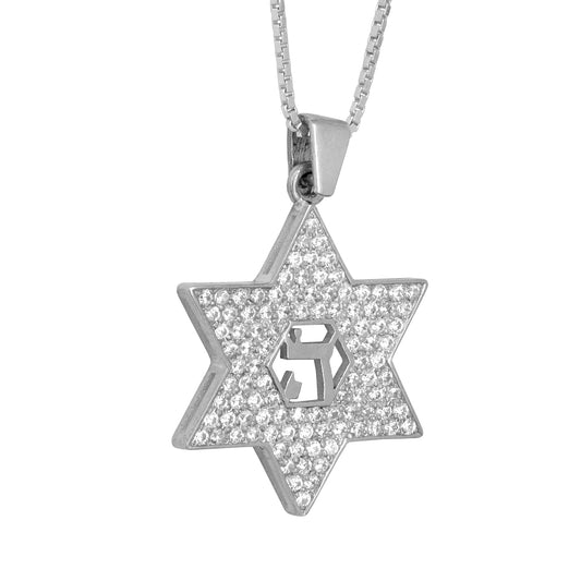 Pendant Magen Star of David w/ CHAI HAI חי Sterling Silver & White Crystal CZ