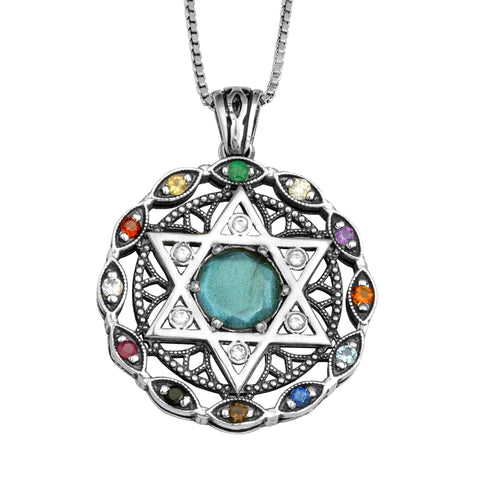 Kabbalah Pendant Star of David Labradorite Hoshen Crystals CZ Silver 925 & Gold 9K