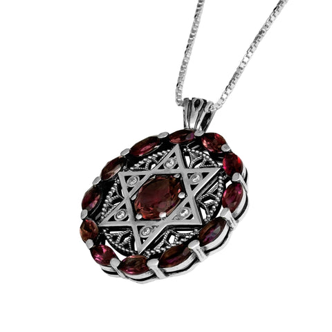 Kabbalah Pendant Star of David Garnet Gemstones w/Crystals CZ Sterling Silver