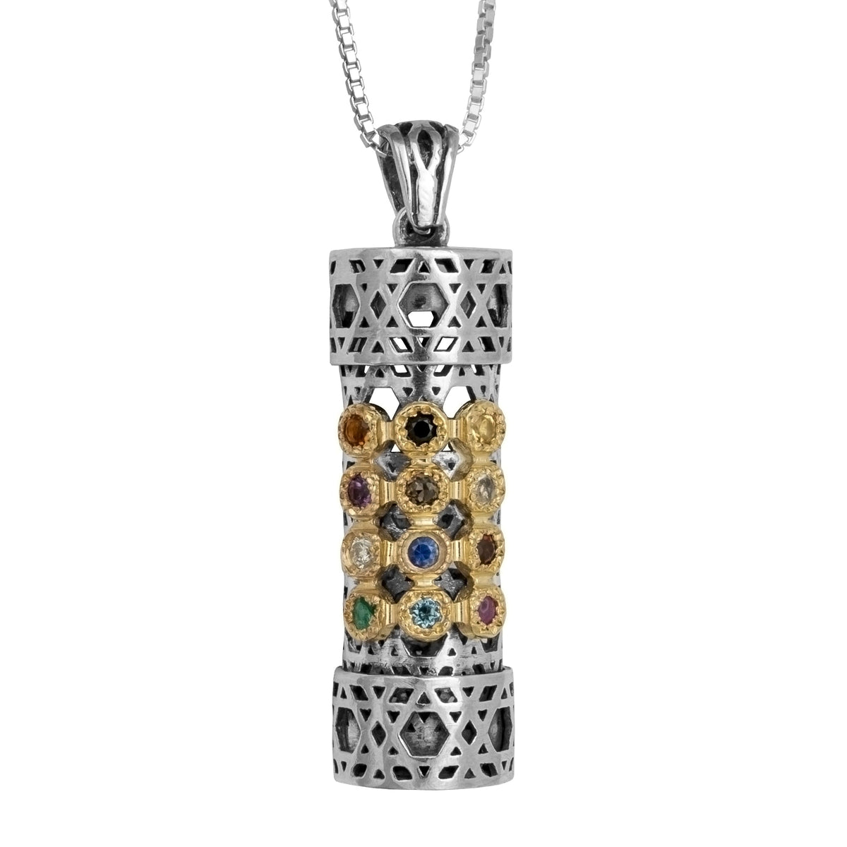 Pendant Mezuzah w/ Hoshen 12 Tribes of Israel Amulet Sterling Silver & Gold 9K