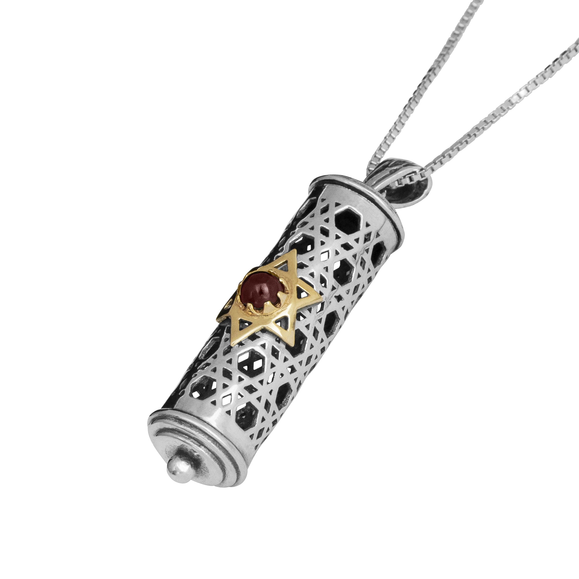 Pendant Mezuzah w/ Star of David Gold 9K Garnet Gemstone Sterling Silver Amulet