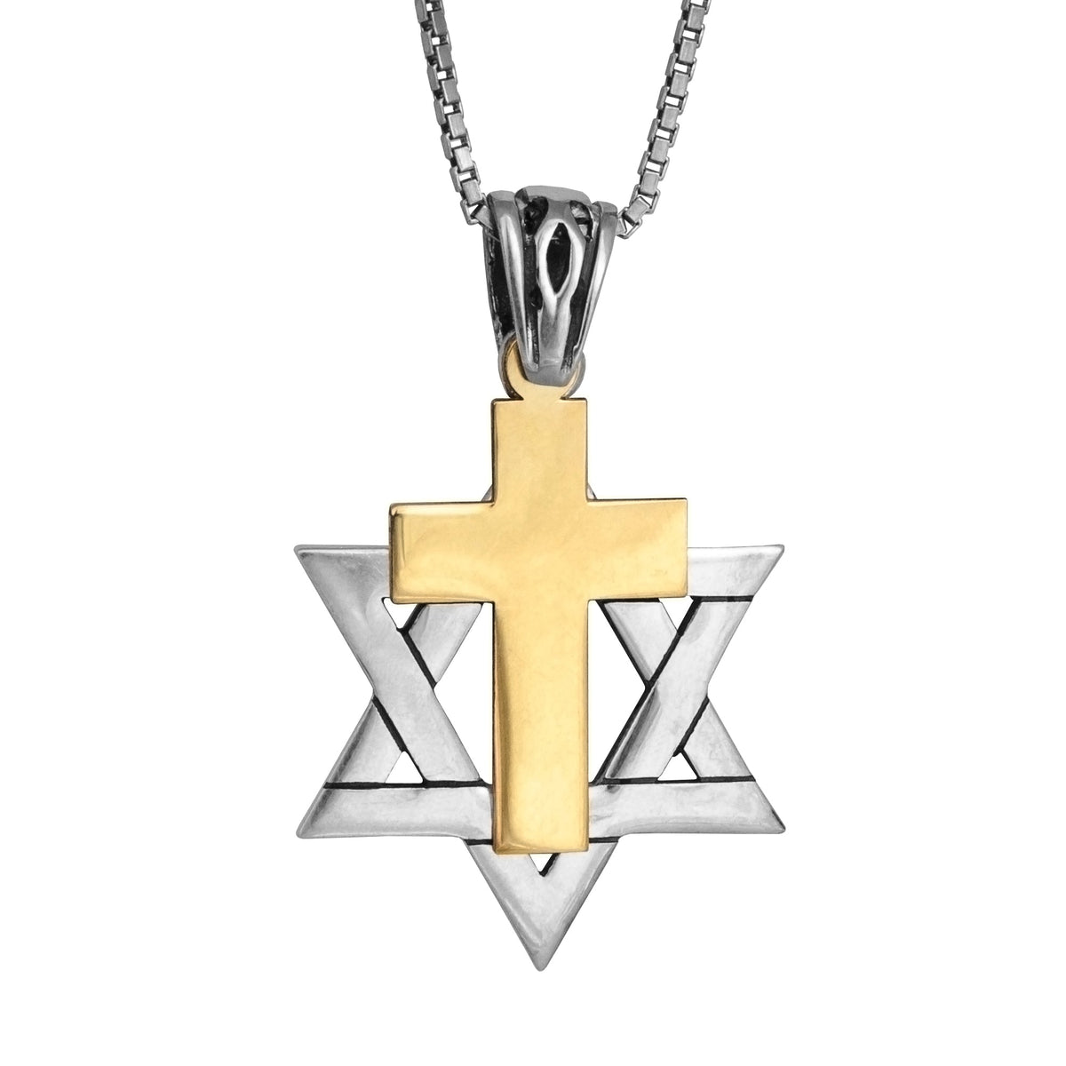 Messianic Pendant Star of David w/ Cross Gold 9K Sterling Silver Necklace 0,95"