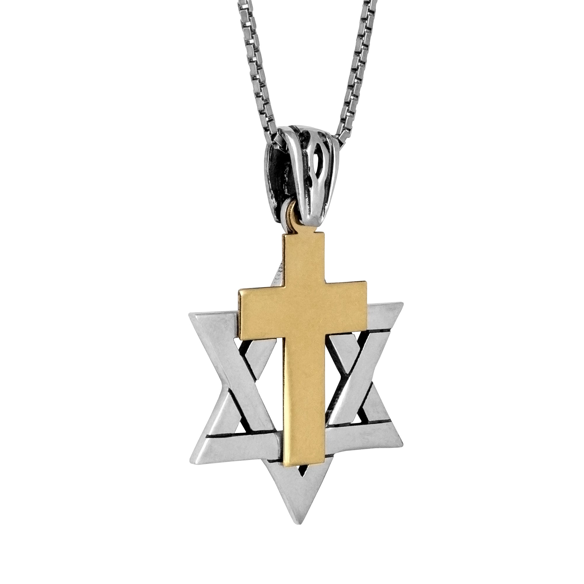 Messianic Pendant Star of David w/ Cross Gold 9K Sterling Silver Necklace 0,95"