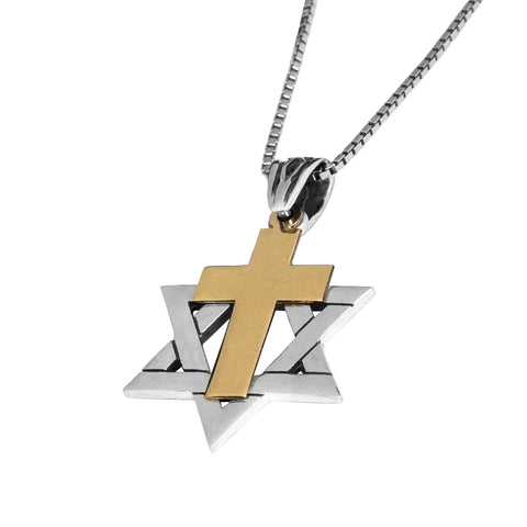 Messianic Pendant Star of David w/ Cross Gold 9K Sterling Silver Necklace 0,95"