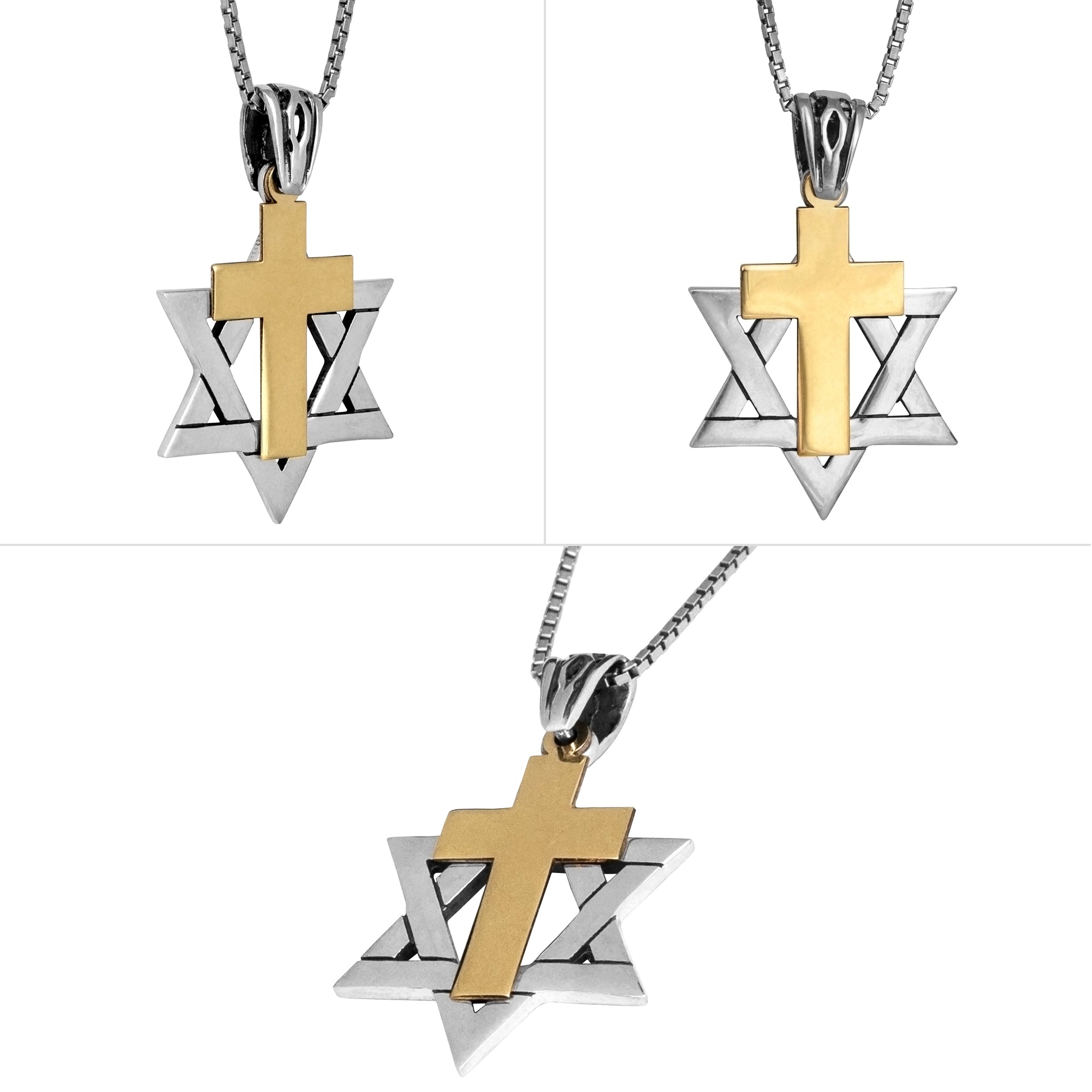 Messianic Pendant Star of David w/ Cross Gold 9K Sterling Silver Necklace 0,95"