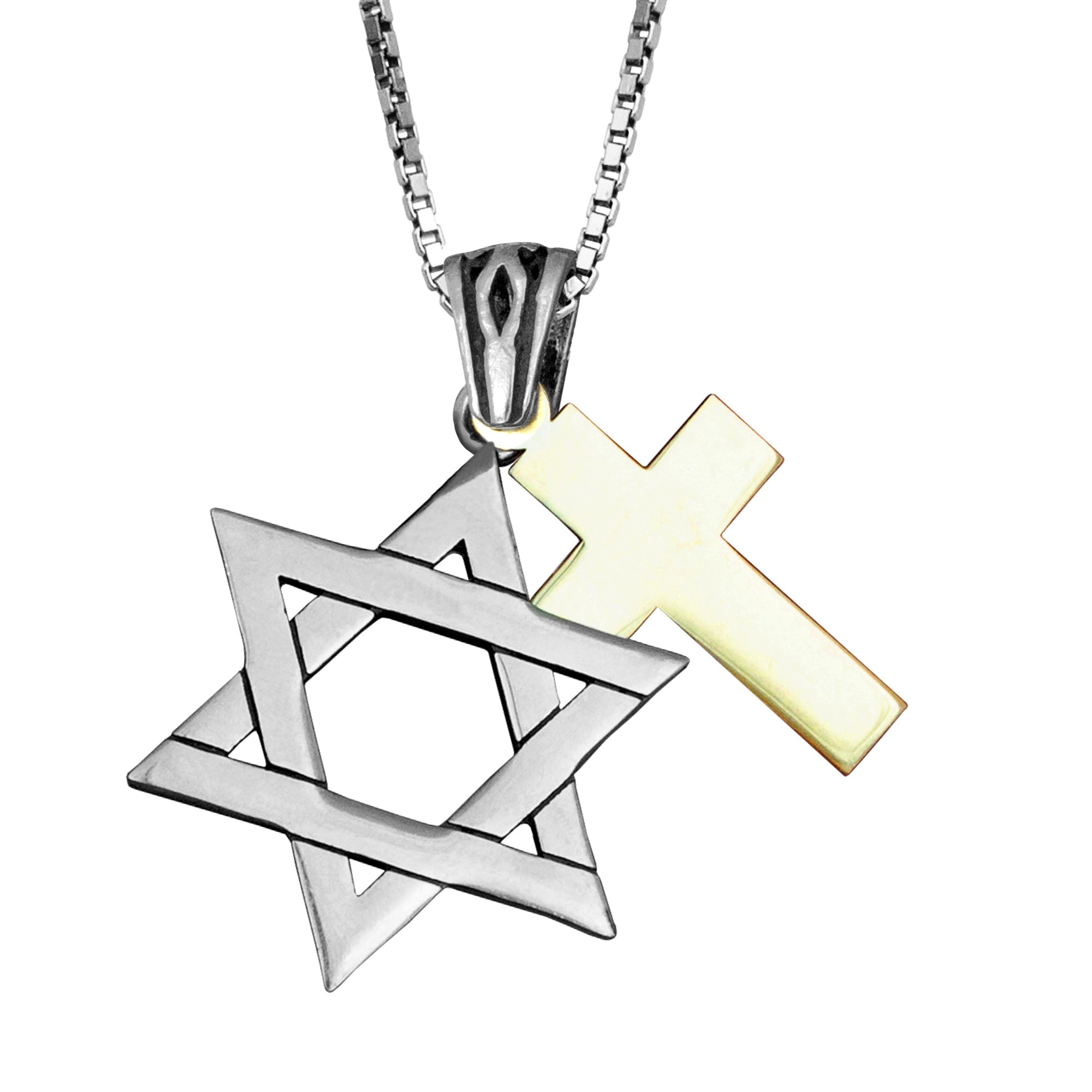 Messianic Pendant Star of David w/ Cross Gold 9K Sterling Silver Necklace 0,95"