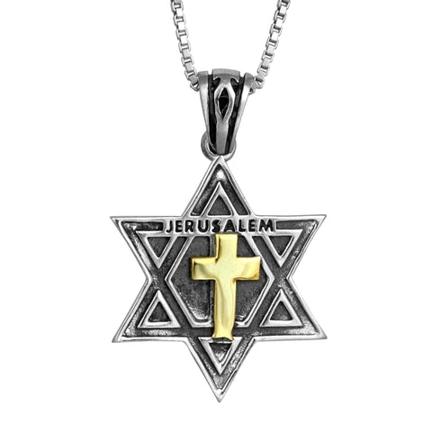 Messianic Pendant Star of David w/ Cross Gold 9K Sterling Silver Jerusalem 0.1"