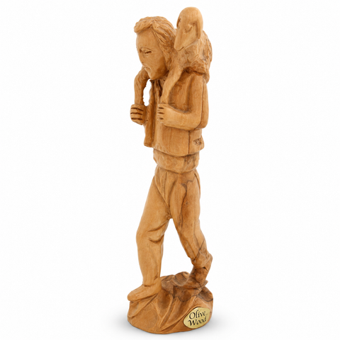 Bethlehem Olive Wood Shepherd with Lamb Figurine for Christian Home Decor