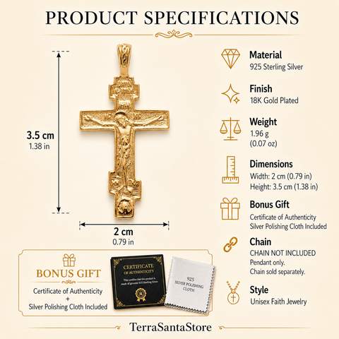 18K gold plated 925 sterling silver crucifix pendant shown in a product specifications infographic with height, width, weight, material, finish, bonus certificate, and chain details.
