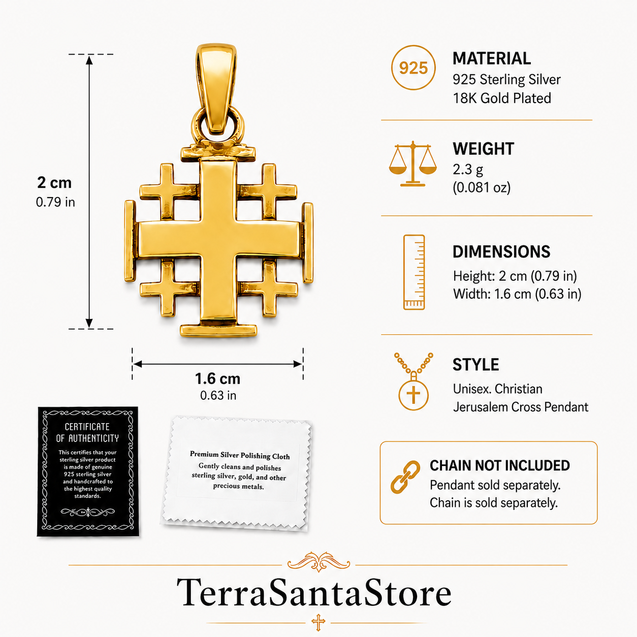 18K gold plated 925 sterling silver Jerusalem Cross pendant with product specifications, dimensions, certificate and polishing cloth
