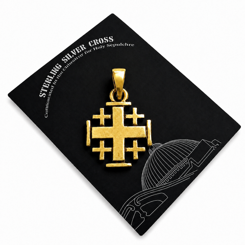 Back view of 18K gold plated Jerusalem Cross pendant on black authenticity certificate card