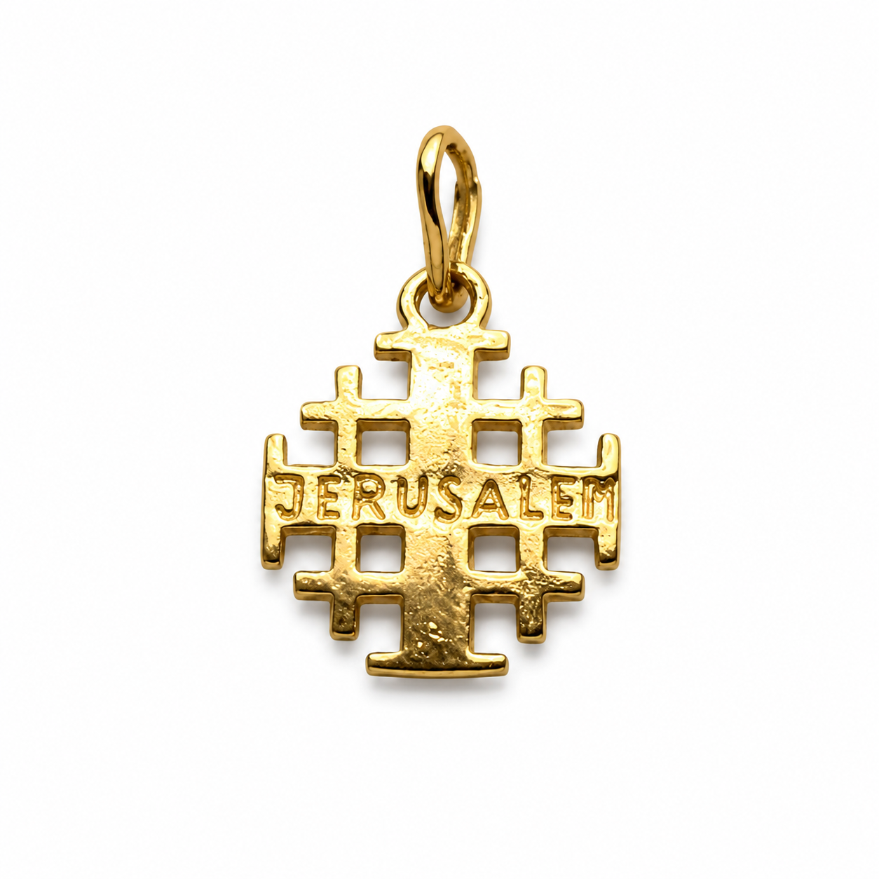 Back view of 18K gold plated Jerusalem Cross pendant with raised Jerusalem lettering on white background