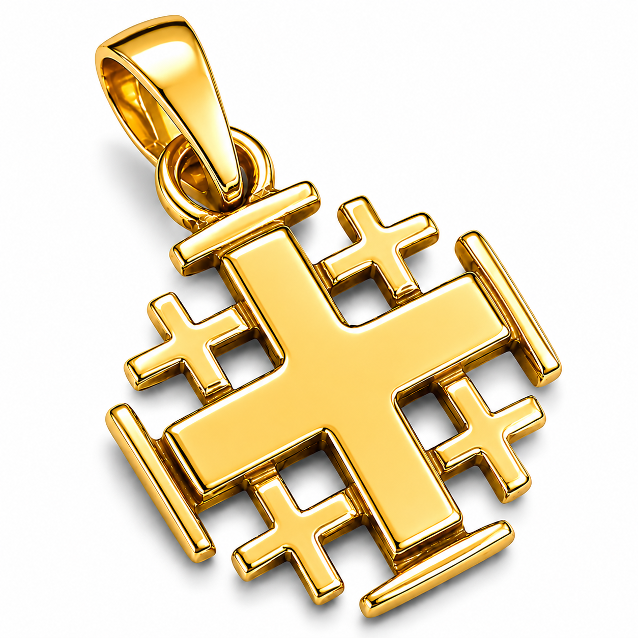 18K gold plated Jerusalem Cross pendant in five-fold Holy Land Christian design on white background