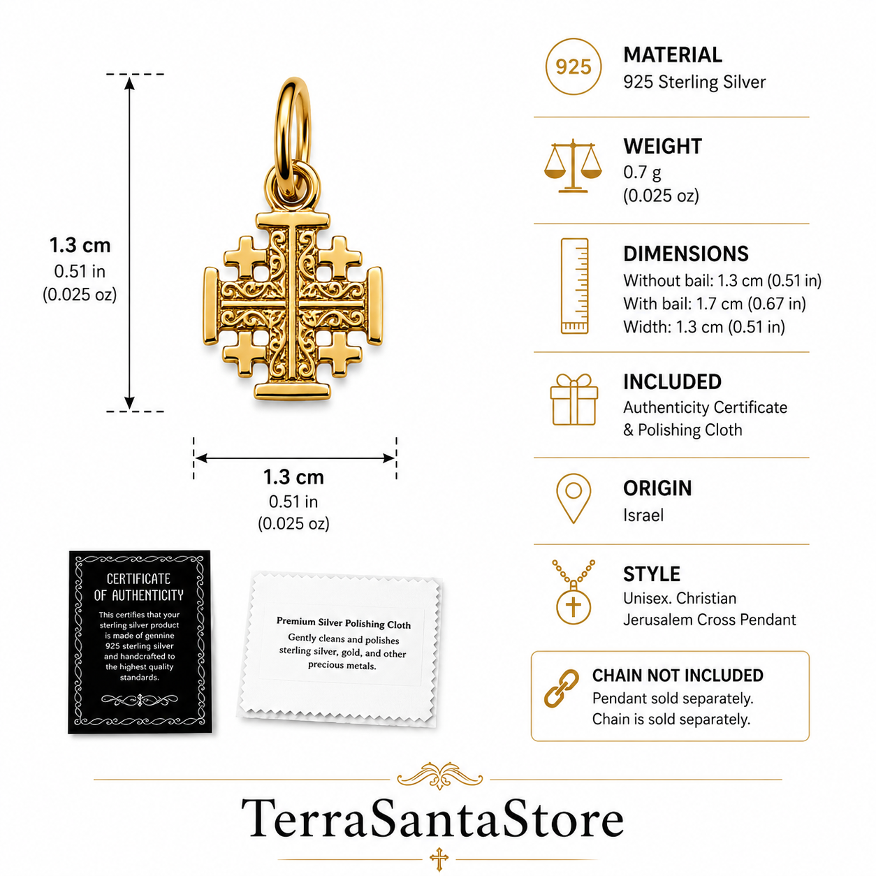A product specifications infographic for an 18K gold-plated sterling silver Jerusalem cross pendant. It displays dimensions, weight, material details, and origin from Israel, along with the included certificate of authenticity and polishing cloth.