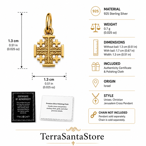 A product specifications infographic for an 18K gold-plated sterling silver Jerusalem cross pendant. It displays dimensions, weight, material details, and origin from Israel, along with the included certificate of authenticity and polishing cloth.
