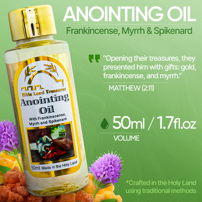 Bottle of anointing oil with frankincense, myrrh, and spikenard on a green background