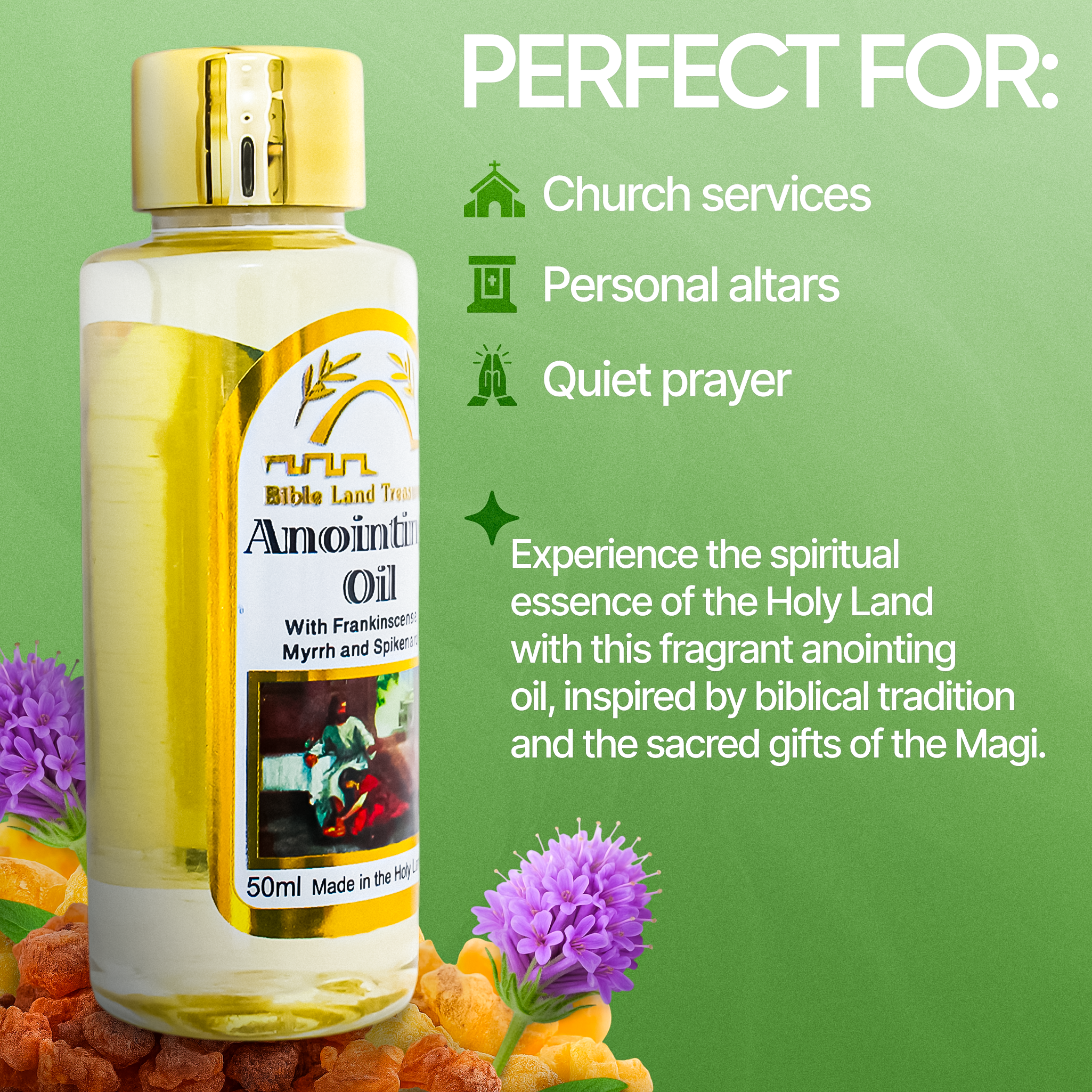 Anointing oil bottle with religious text and symbols on a green background