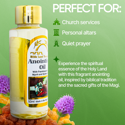 Anointing oil bottle with religious text and symbols on a green background