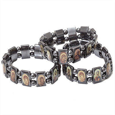 Set of 3 pcs  Religious Stretch Elastic Hematite Bracelet With Christian Icons Holy Land - Holy Land Store