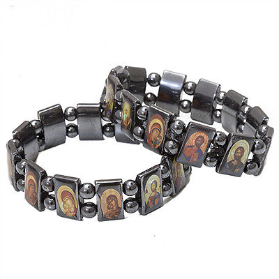 Set of 3 pcs  Religious Stretch Elastic Hematite Bracelet With Christian Icons Holy Land - Holy Land Store