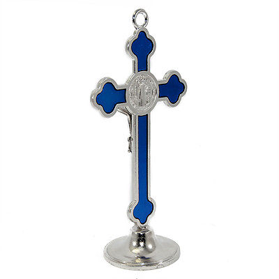 St.Benedict Medal Standing Blue Enamel Metal Crucifix Cross INRI Jerusalem 5 ''