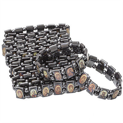 Set of 3 pcs  Religious Stretch Elastic Hematite Bracelet With Christian Icons Holy Land - Holy Land Store