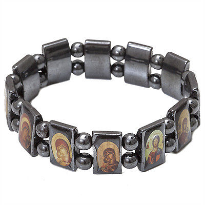 Set of 3 pcs  Religious Stretch Elastic Hematite Bracelet With Christian Icons Holy Land - Holy Land Store