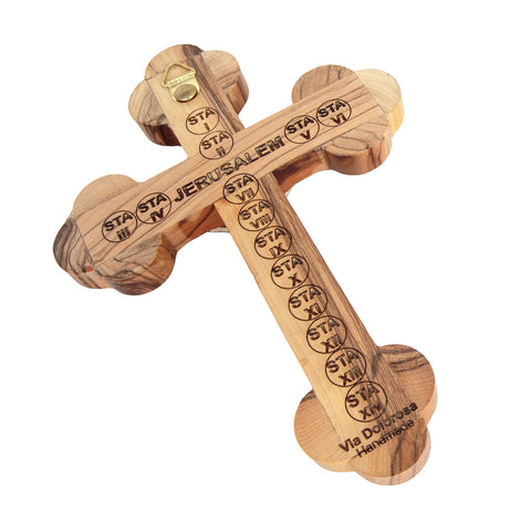 Wall Cross Natural Olive Wood Crucifix w/ Mother of Pearl & Holy Soil from Jerusalem 5,2"