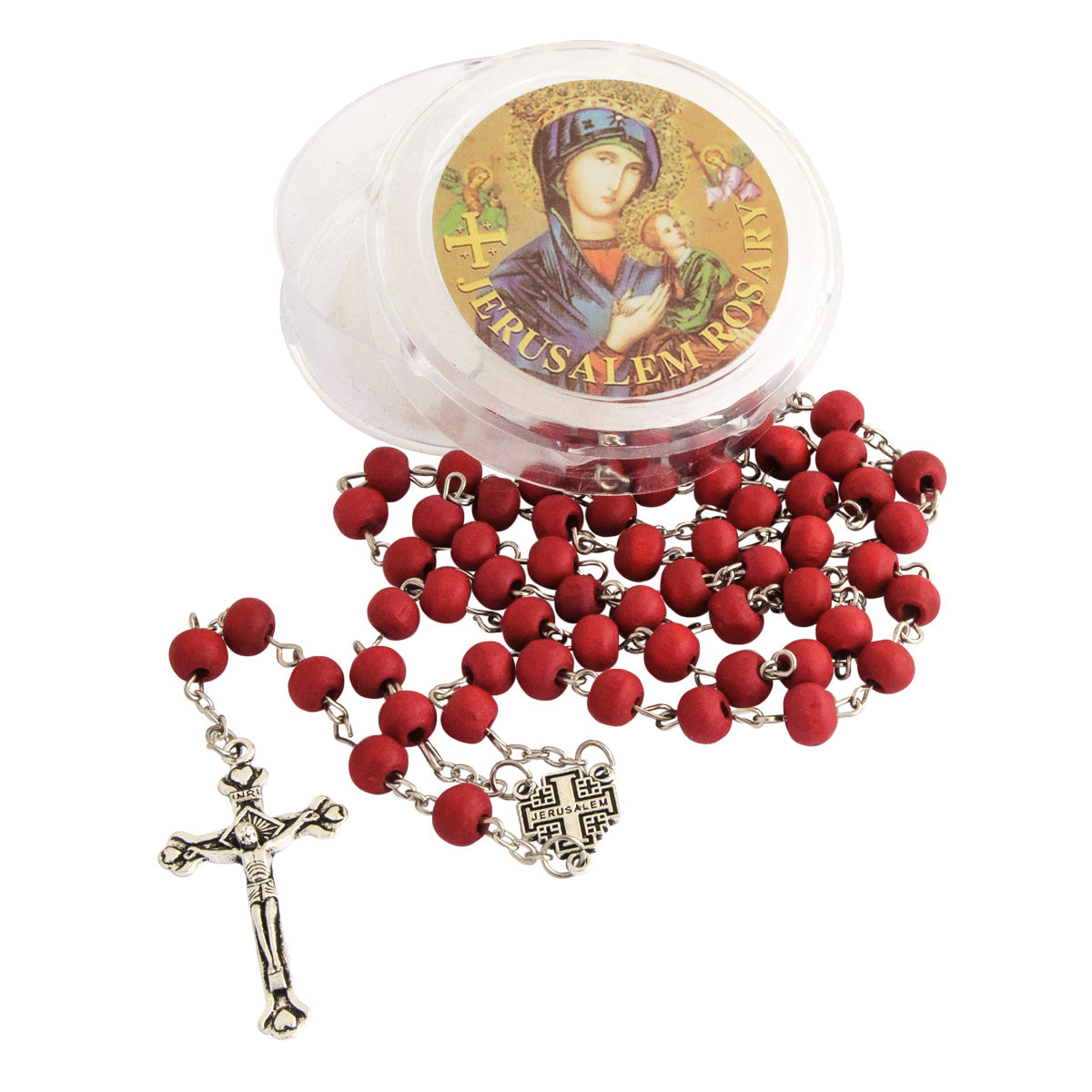 Wooden Rosary w/Crucifix Cross, Virgin Mary & Rose Aroma Israel 18,5"