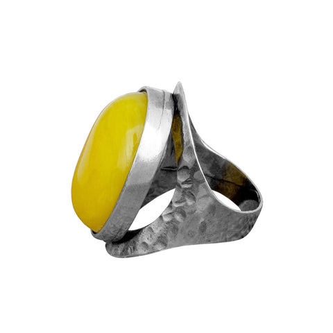 Huge Chinese Yellow Amber Sterling Silver Ring Handmade From Israel