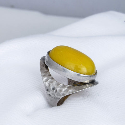 Huge Chinese Yellow Amber Sterling Silver Ring Handmade From Israel