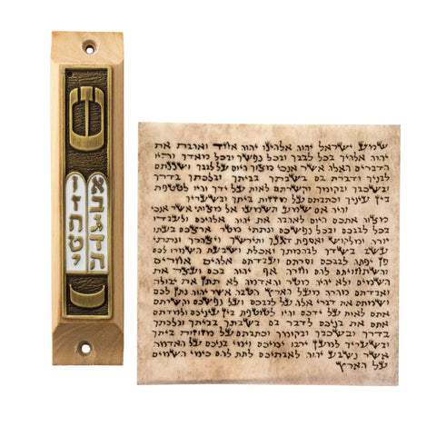 Door Mezuzah Case Olive Wood Enamel Non-Kosher Scroll Torah Ten Commandments from Jerusalem Shema Israel 3,8"