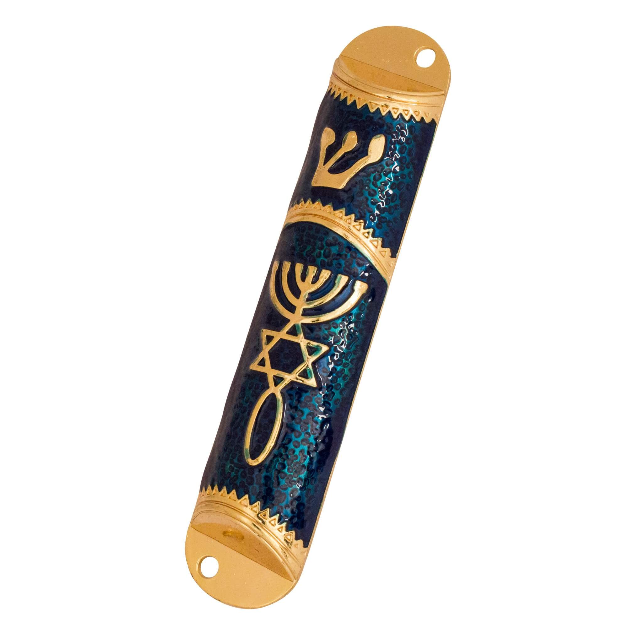 Gold Enamel Door Mezuzah Scroll Case Shedai Jewish for Klaf Parchment 4" (10,5cm)