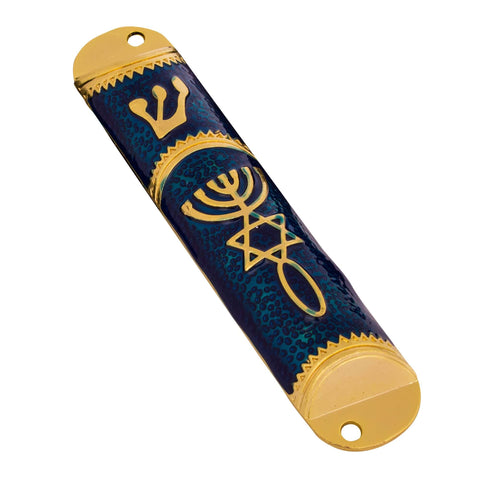 Gold Enamel Door Mezuzah Scroll Case Shedai Jewish for Klaf Parchment 4" (10,5cm)