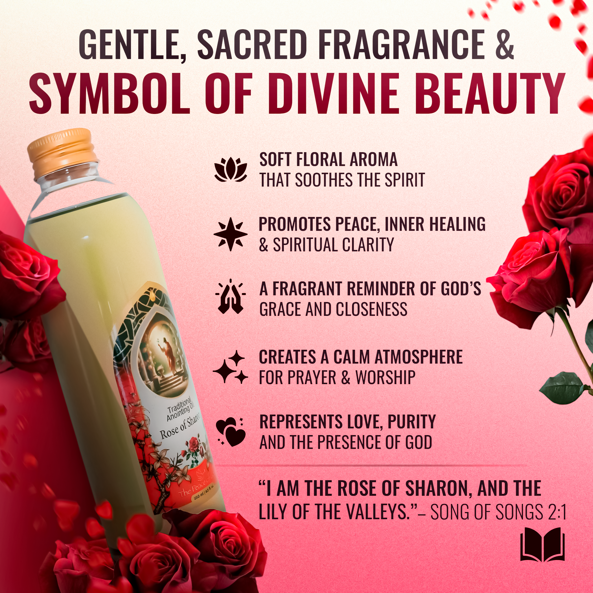 Bottle of rose oil with red roses on a pink background, promoting a sense of peace and spirituality.