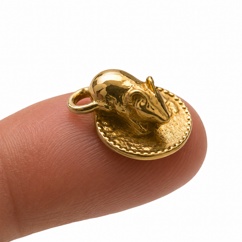 Mouse on Shekel Coin Amulet 925 Sterling Silver 18K Gold Plated Wallet Charm