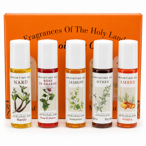Holy Land Roll-On Anointing Oil Set with Nard, Myrrh, Amber, Jasmine & Rose of Sharon