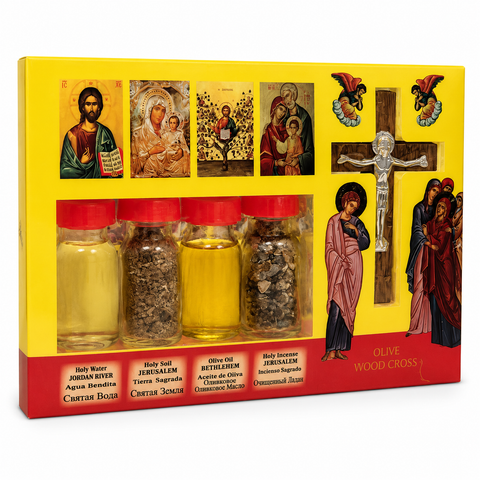Holy Land Devotional Set with Crucifix, Blessed Oil, Jordan River Water & Soil