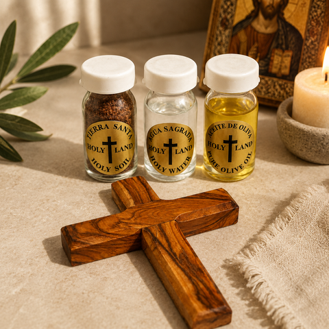 Holy Land Blessing Gift Set with Olive Wood Cross, Holy Water, Olive Oil & Soil